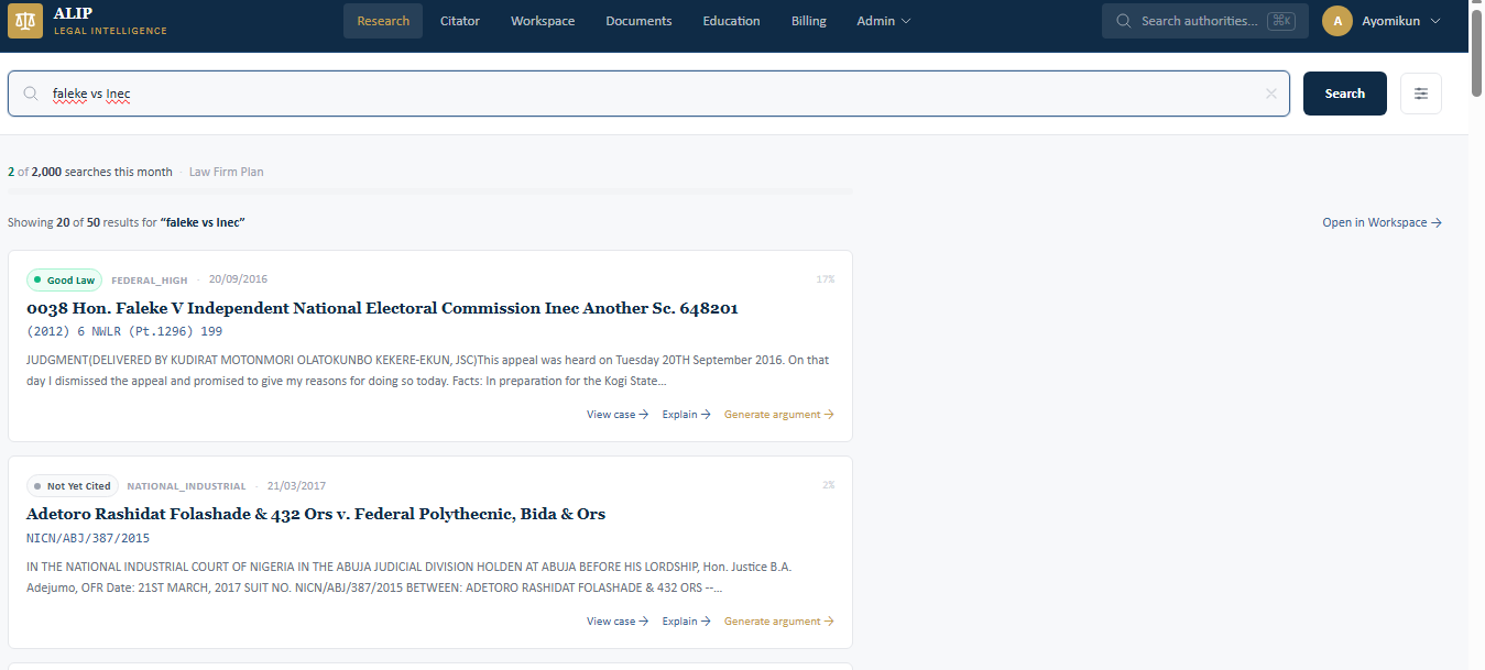 ALIP search results for a Nigerian case law query, showing case treatment status and citation details