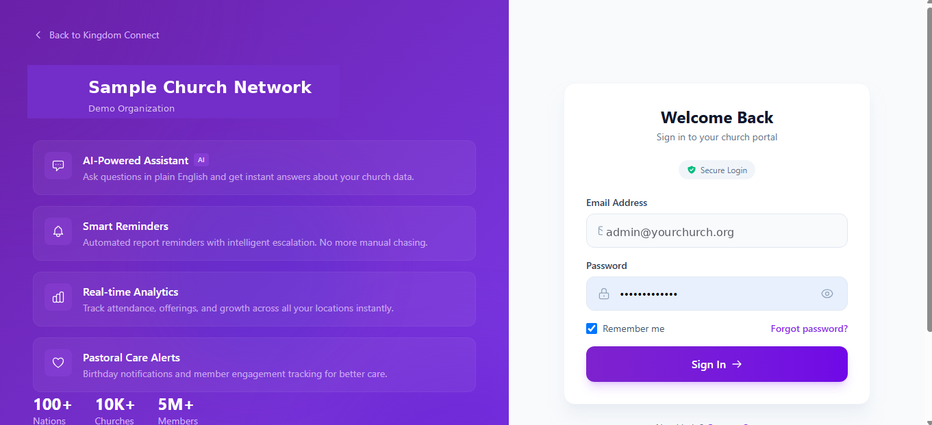 KingdomsConnect login screen for a sample church network