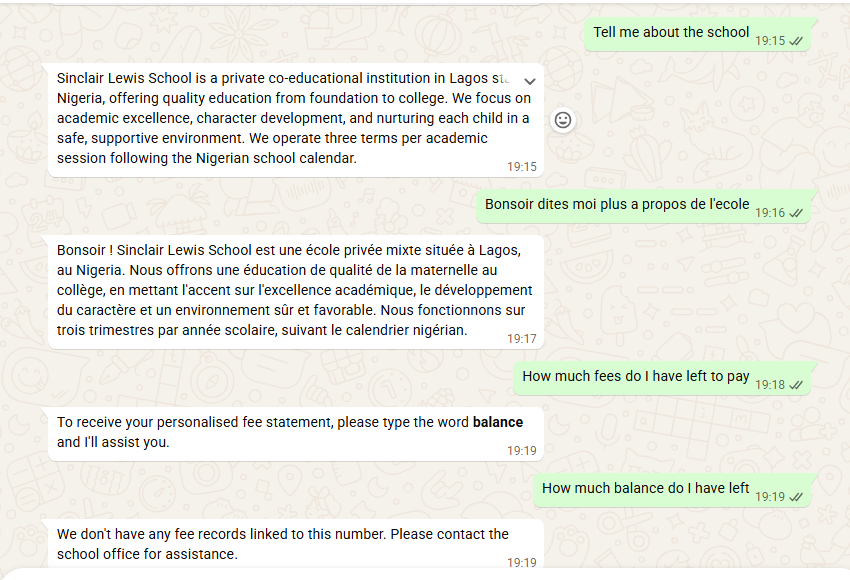 SchoLink WhatsApp conversation answering parent questions about a school and its fees, in English and French