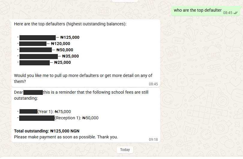 SchoLink WhatsApp conversation listing fee defaulters with student names redacted